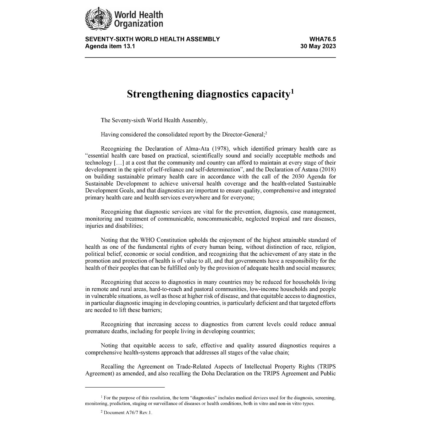 WHO resolution on diagnostic. Strengthening diagnostics capacity