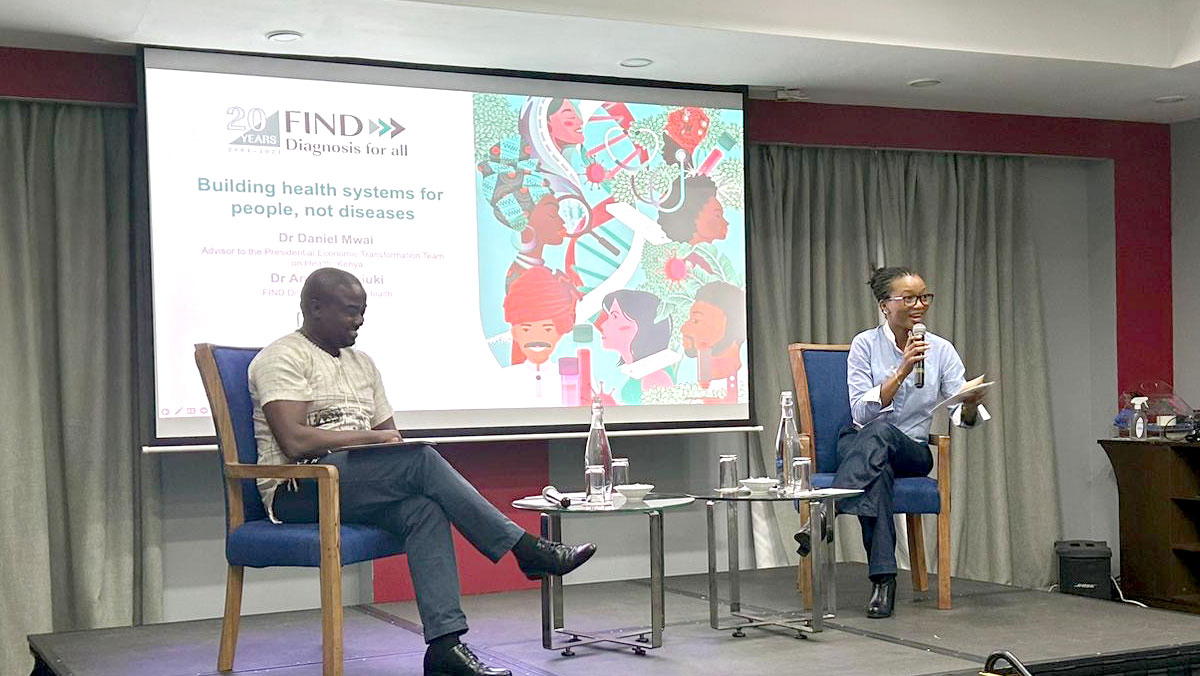 Dr Angela Muriuki, FIND Director, Women’s Health, discussed strategies to build health systems for people, not diseases, with Dr Daniel Mwai, Advisor to the Presidential Economic Transformation Team on Health, Kenya, during the Diagnostics Dinner event.